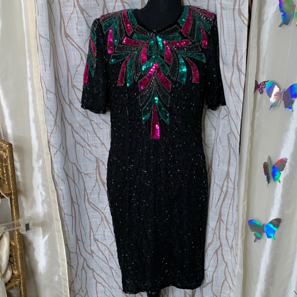 Vintage 1980S Elegant Black Sequin Dress with Pink and Green Accents